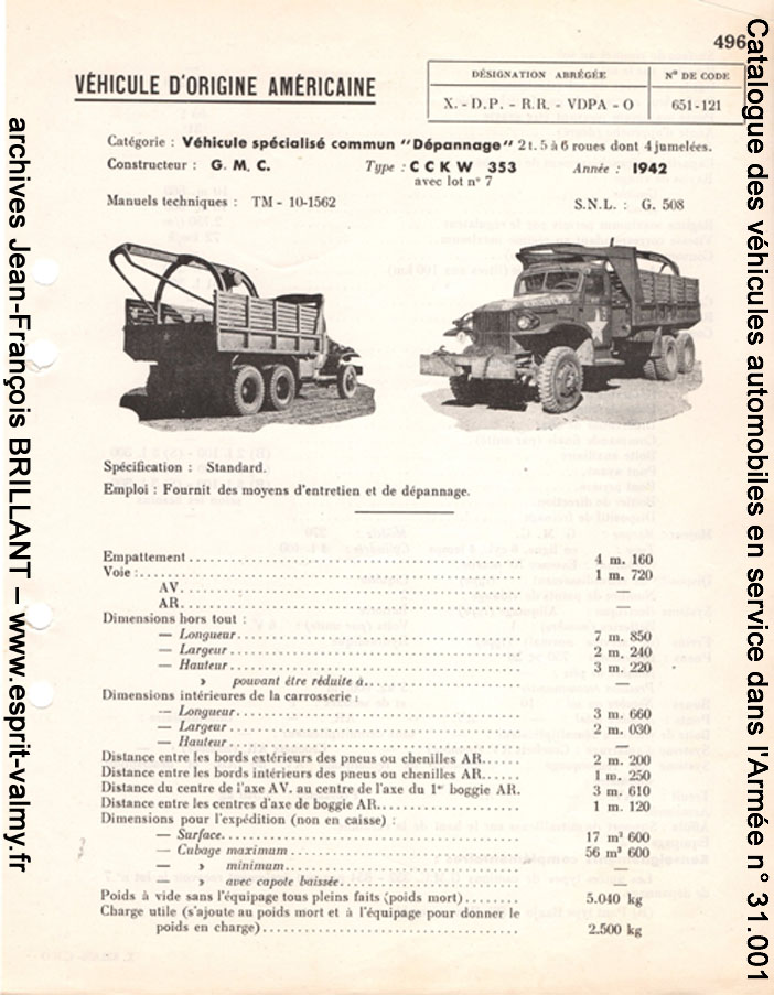 Catalogue des véhicules automobiles en service dans l'Armée n° 31.001, Secrétariat d'Etat aux forces armées - Guerre